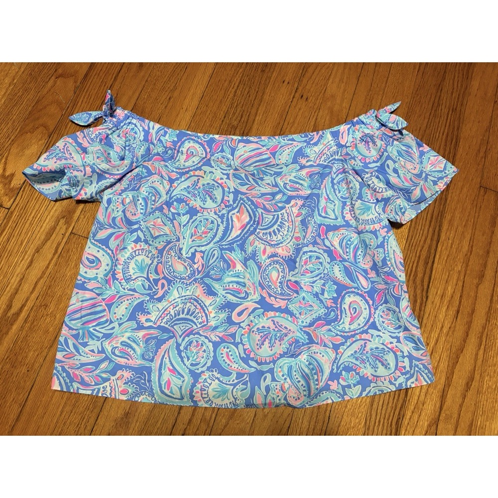 Lilly Pulitzer Tamara Off-Shoulder Top Off Zanzibar Blue Fish Kiss XL